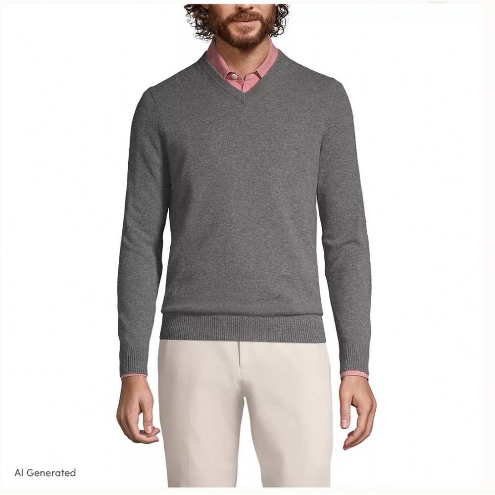 Lands' End Men's XXL Tall 2XLT Gray Cashmere V-Neck Sweater Old Money Preppy